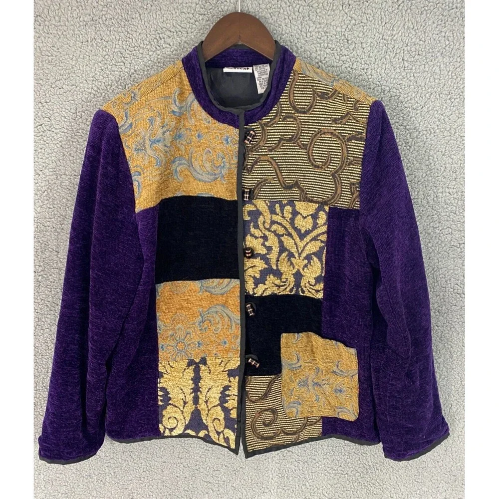 Market by Chico's Jacket M Purple Gold Brocade Velvet Patchwork Boho‎ Artsy